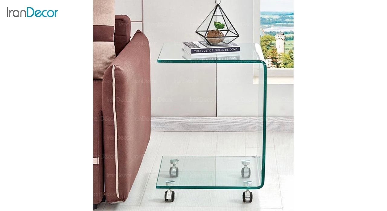 تصویر میز کنار مبلی شیشه ای چرخدار مدل اطلس