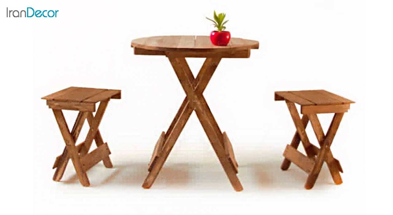 تصویر ست میز گرد و چهارپایه تاشو چوبی مدل مزرعه