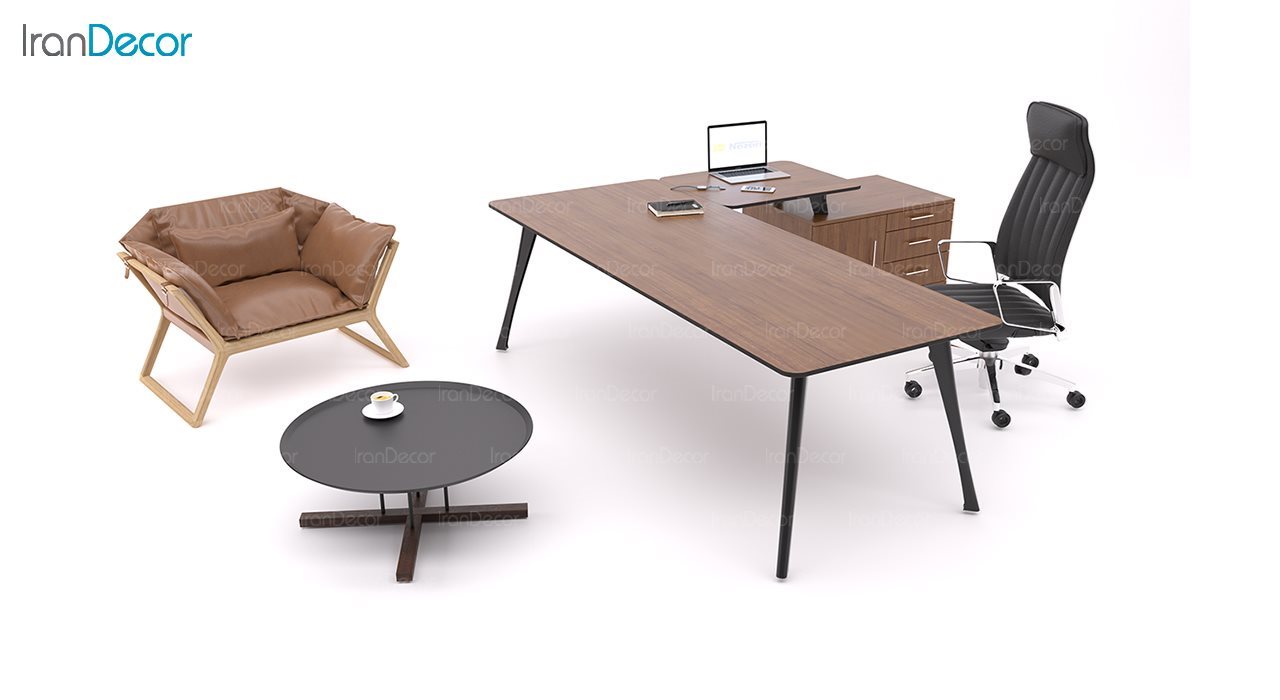 میز اداری سه پایه چوبی نظری مدل استرایپ با صفحه سایدفایلینگ ام دی اف با پنل