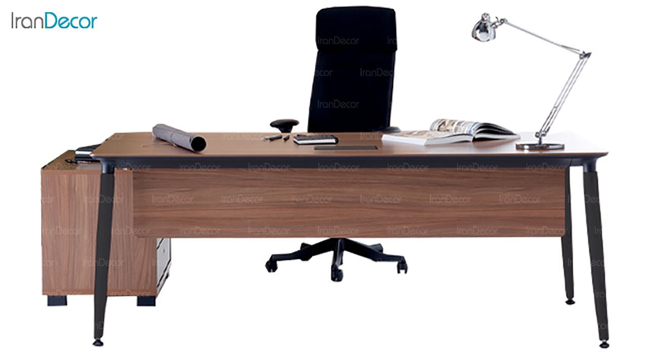 میز اداری سه پایه چوبی نظری مدل ارا با صفحه سایدفایلینگ ام دی اف با پنل