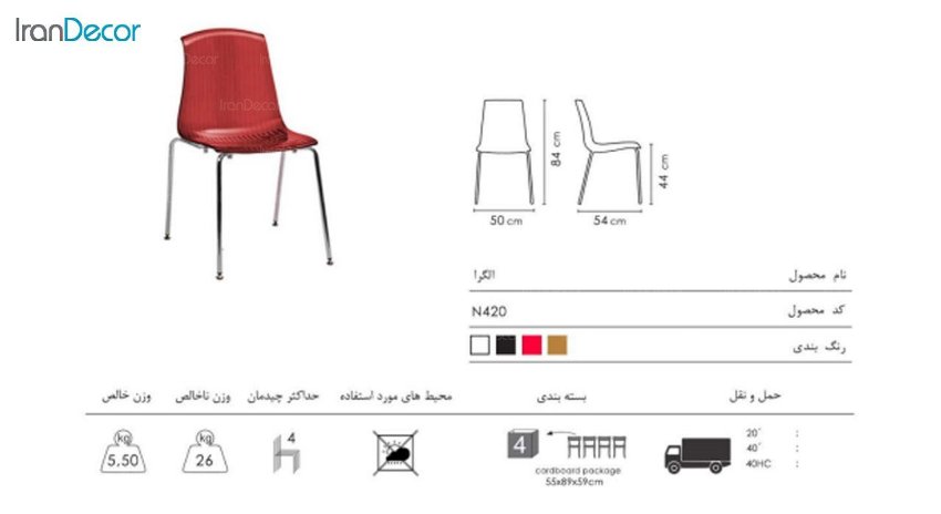 صندلی پلی کربنات نظری با پایه فلزی مدل آلگرا N420