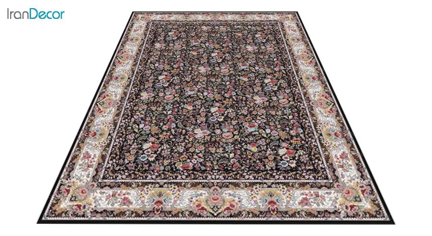 عکس فرش ماشینی 1200 شانه کشمیر طرح باغ گل مشکی
