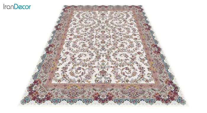 عکس فرش ماشینی 1200 شانه کشمیر طرح مراغه کرم حاشیه نقره ای