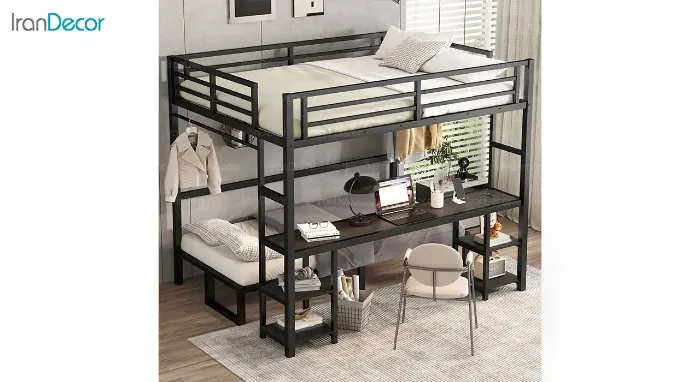 تخت خواب دو طبقه فلزی دورمی مدل لامیا همراه میز تحریر و  شلف