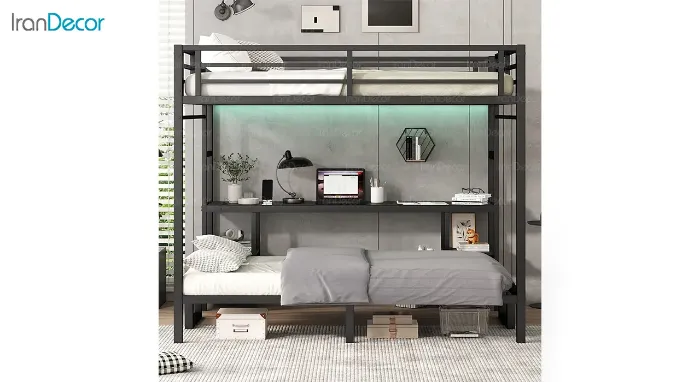 تخت خواب دو طبقه فلزی دورمی مدل لامیا همراه میز تحریر و  شلف